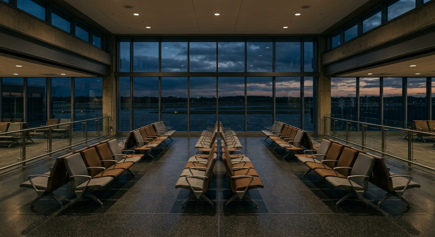 Empty departure gate seating at a quiet regional airport terminal at dusk