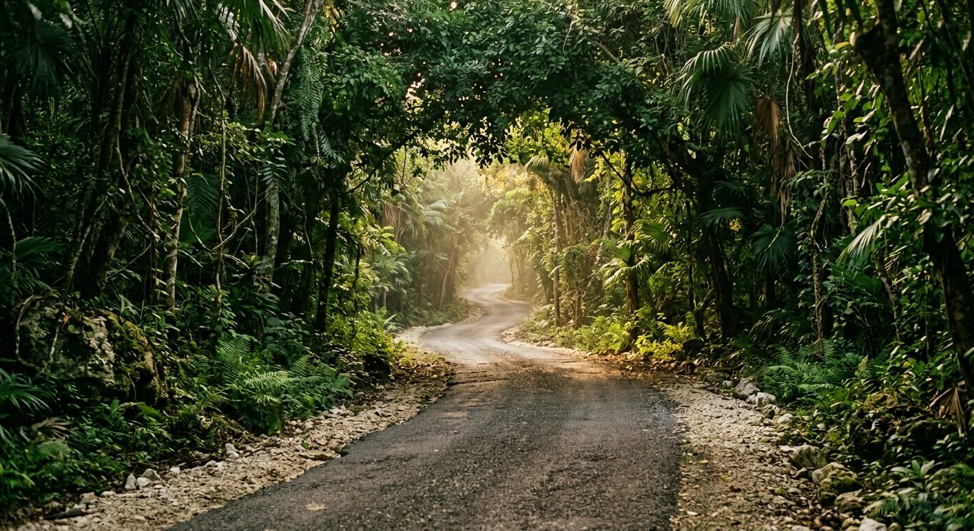 Road through dense jungle on the route south of Tulum