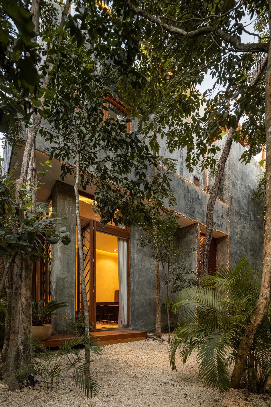 Townhouse exterior among standing trees with a lit doorway and chukum walls