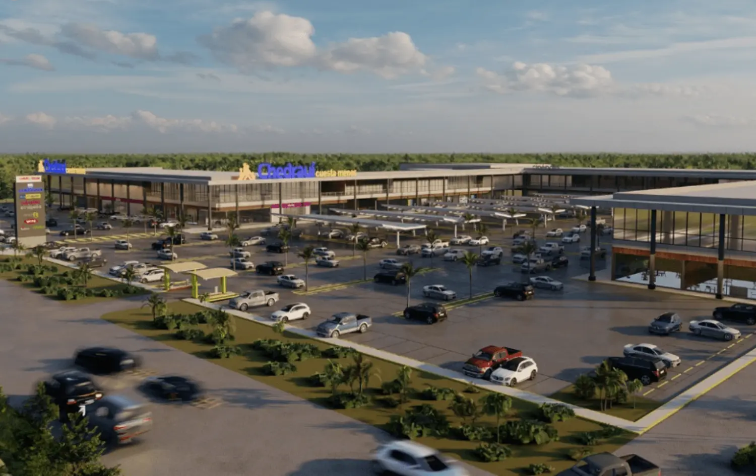 Developer render of Centro Tulum, showing the Chedraui anchor and the car park on Highway 307