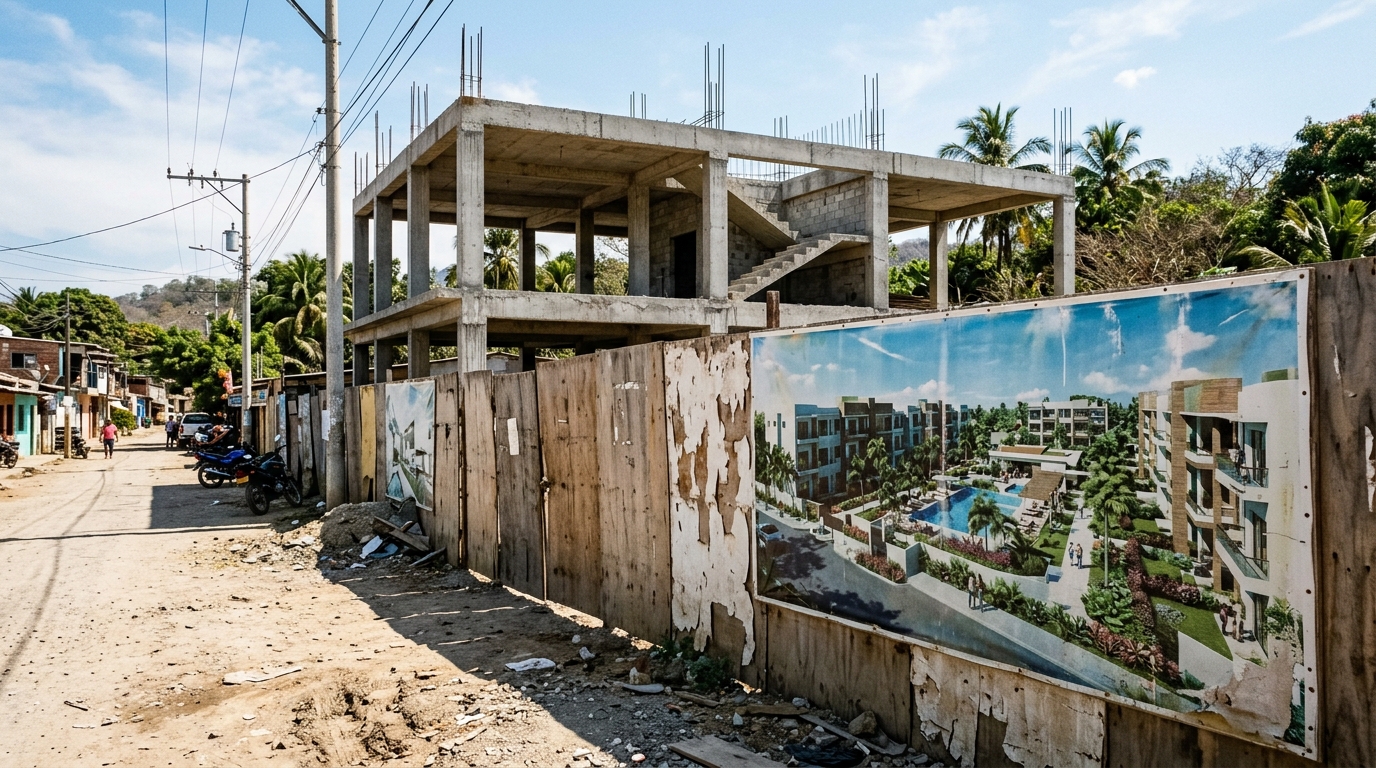 Architectural visualisation: a weathered hoarding carrying a glossy render of a finished development, with the bare concrete frame of the real building rising behind it