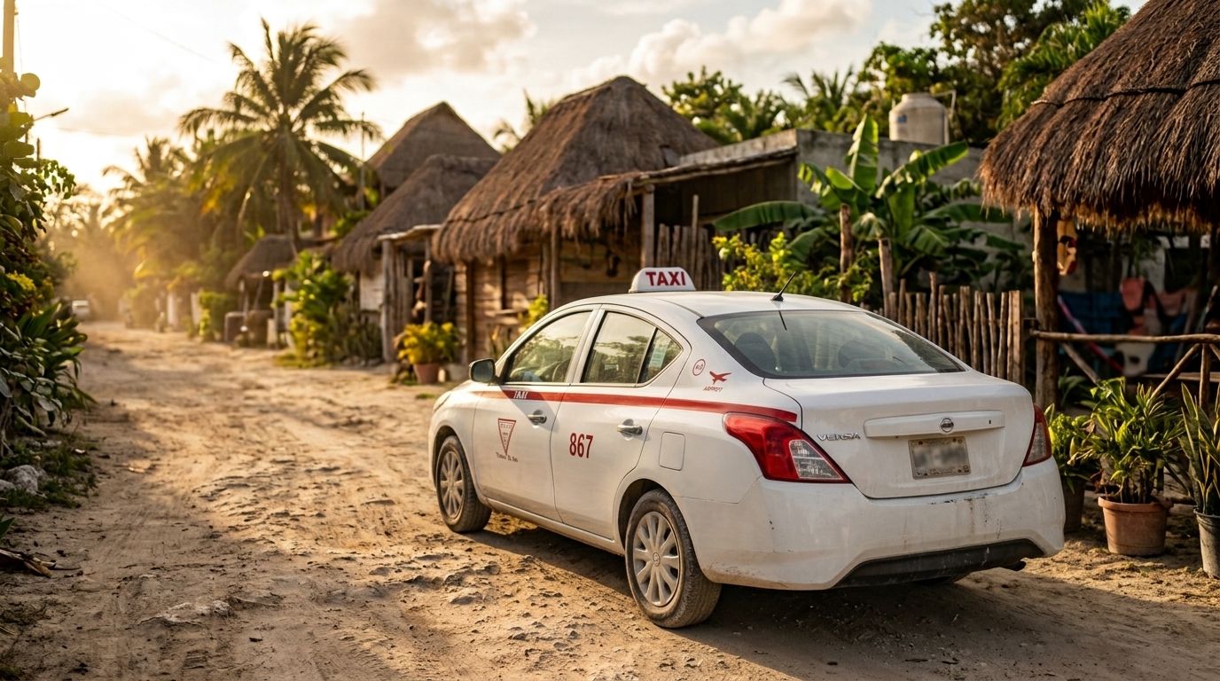 Architectural visualisation: a white Tulum taxi parked on an unpaved sand street lined with palapa-roofed buildings in late afternoon light