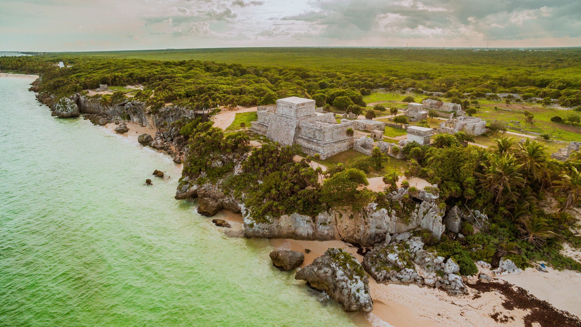 Aerial view of the Tulum Maya ruins above the Caribbean coastline