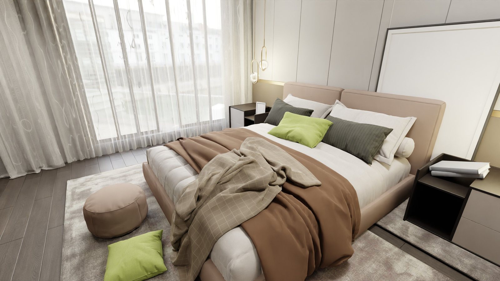A refurbished hotel bedroom with a made bed, warm timber and neutral linen
