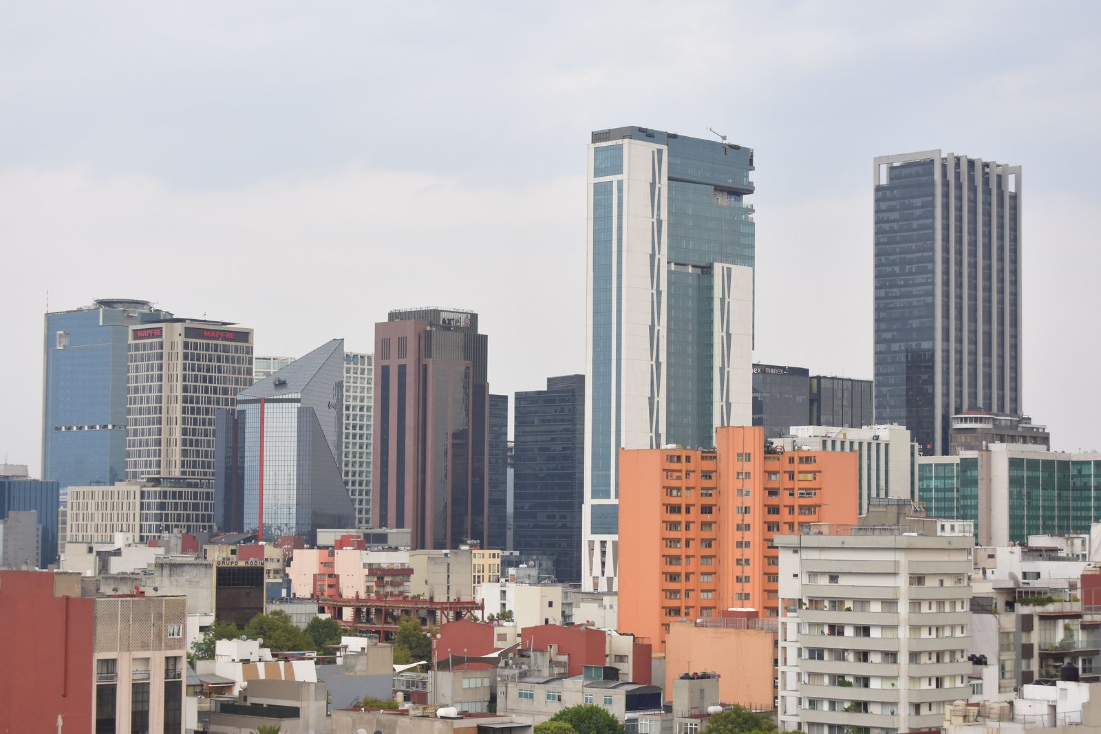 Office towers rising above the low rise city along Mexico City's central corridor