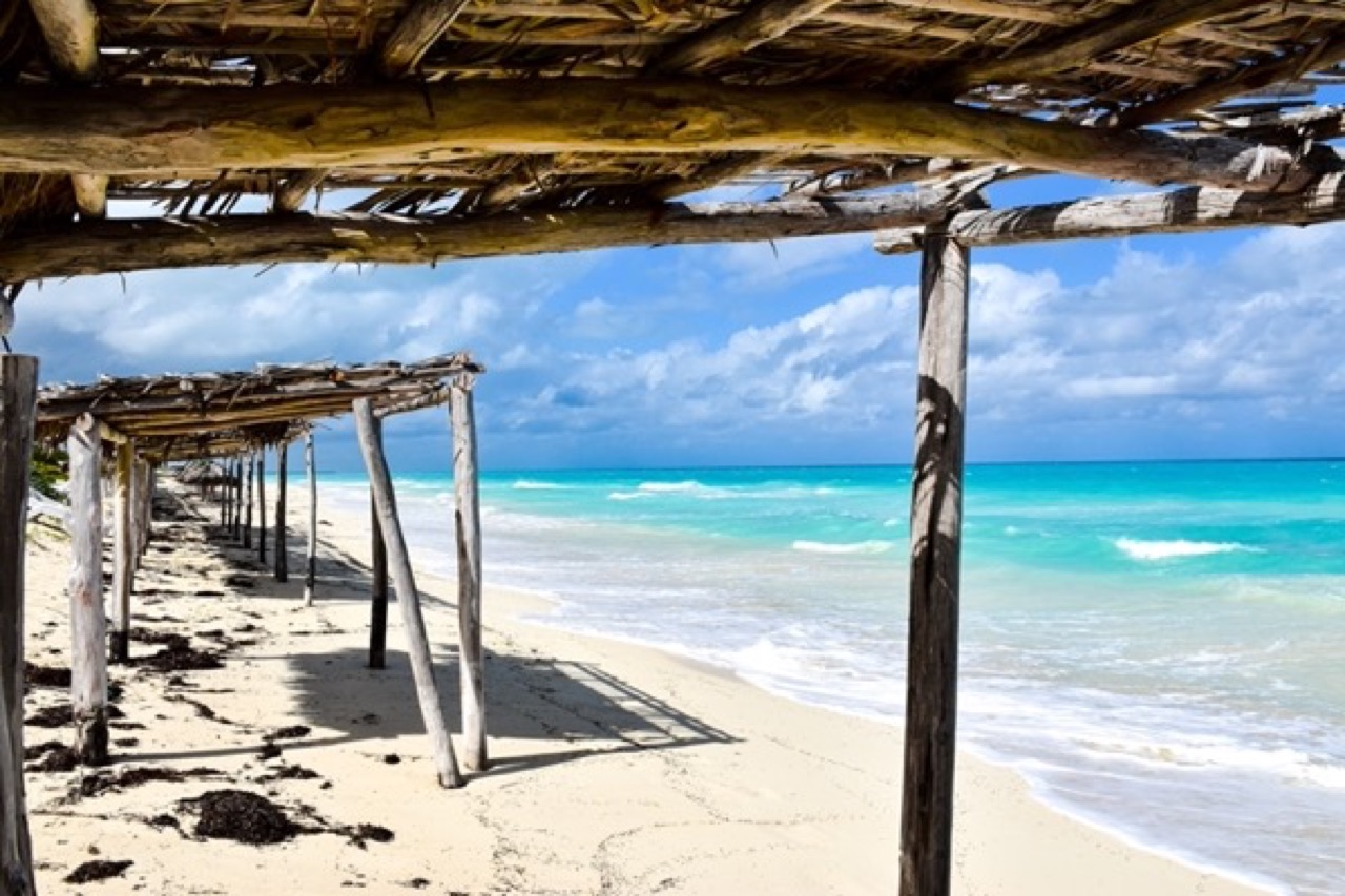 A thatched palapa shelter on a white sand beach beside turquoise water