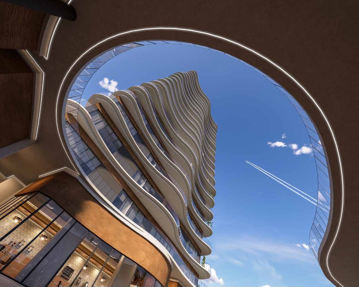 Torre Mitos, Vía Montejo, Mérida, the curved balconies of the tower seen from the entrance