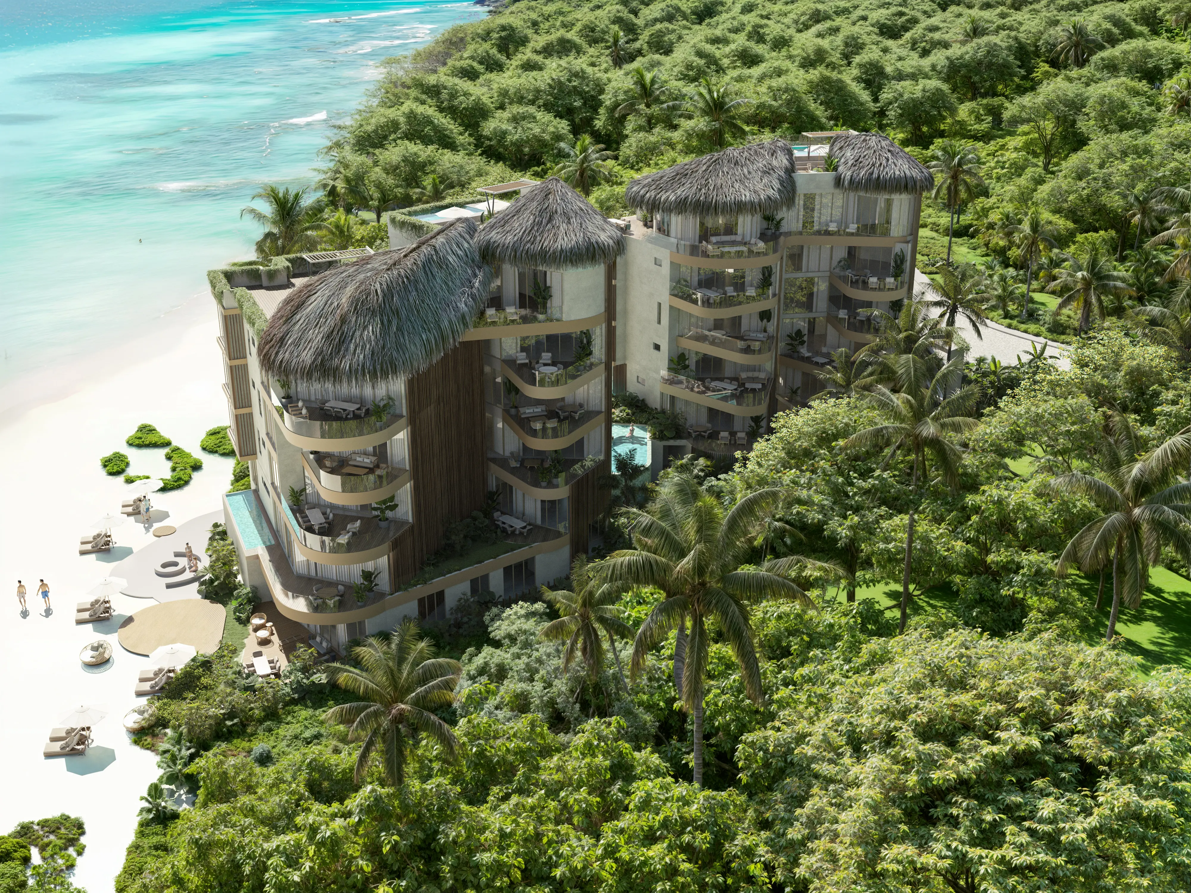 Naomi Beach residences on the sand at Playa del Carmen, seen from above