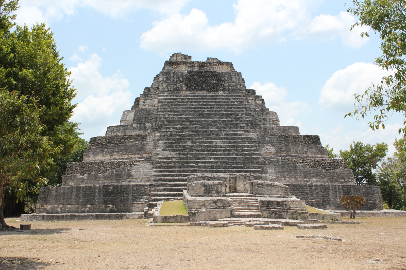 The stepped stone pyramid of Temple I on the Gran Basamento at the Chacchoben archaeological site