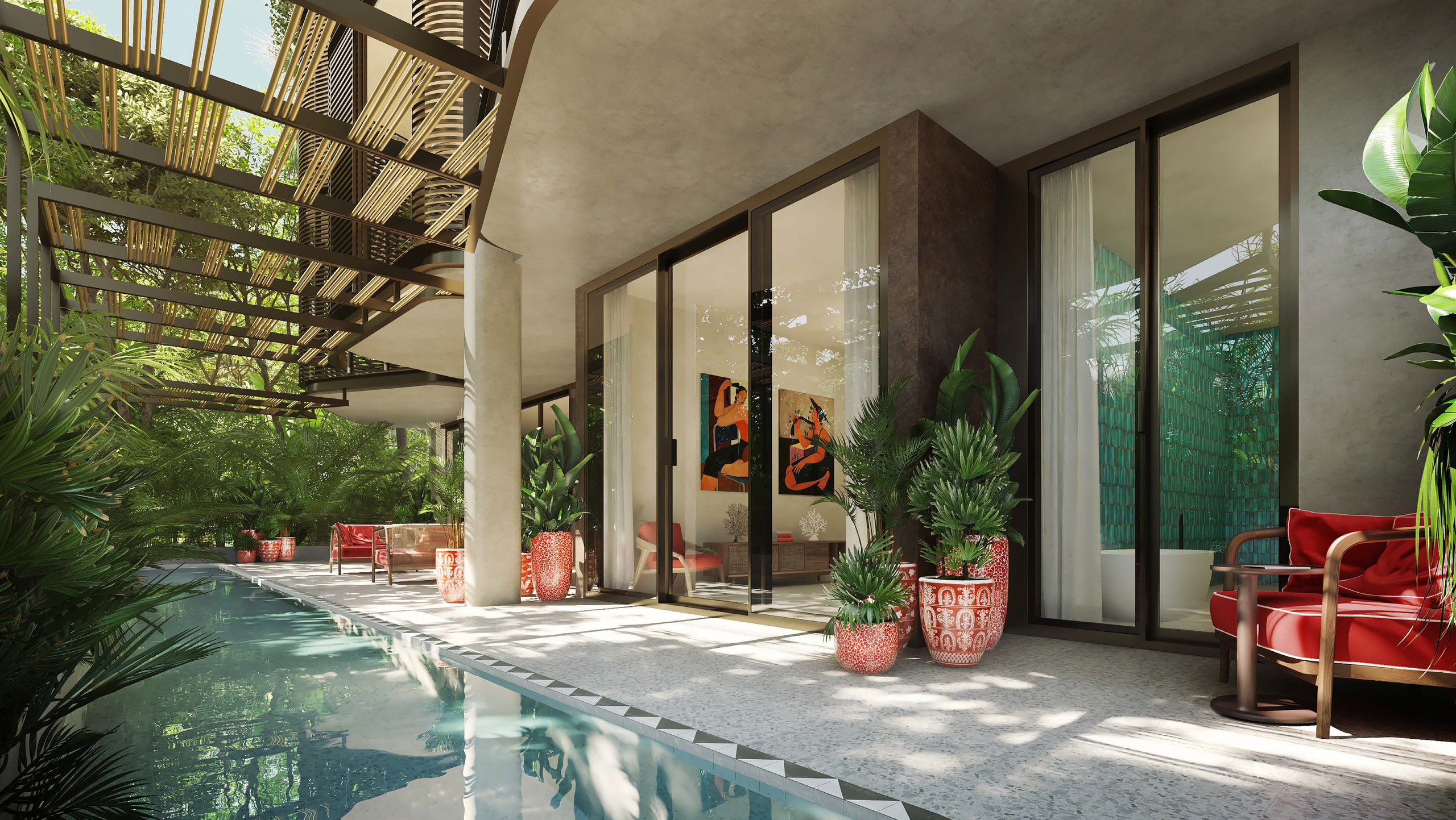 Pool terrace with planted edge, Faena Tulum residences