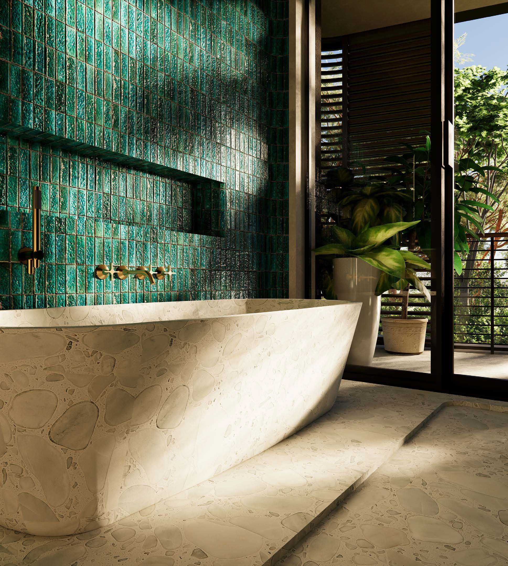 Bathroom with soaking tub in chukum plaster, Faena Tulum