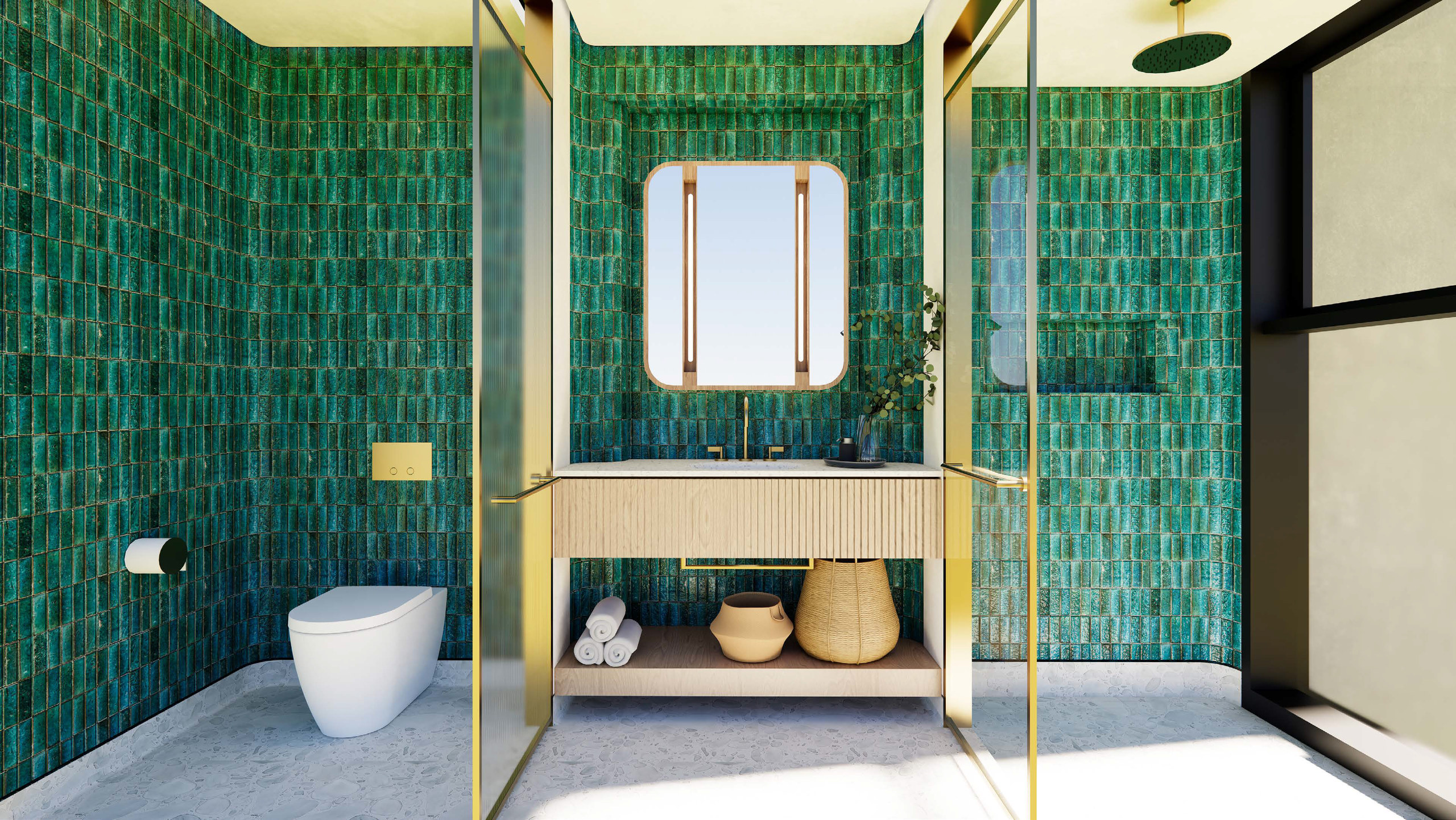 Bathroom with double vanity and mosaic detail, Faena Tulum