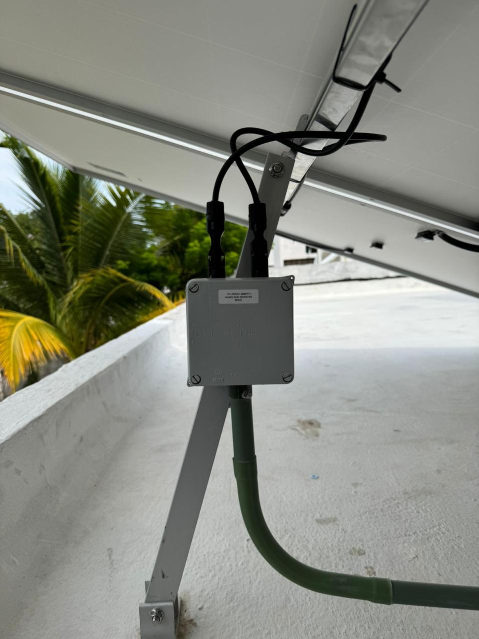 Junction box marked with the photovoltaic array configuration and inverter rating