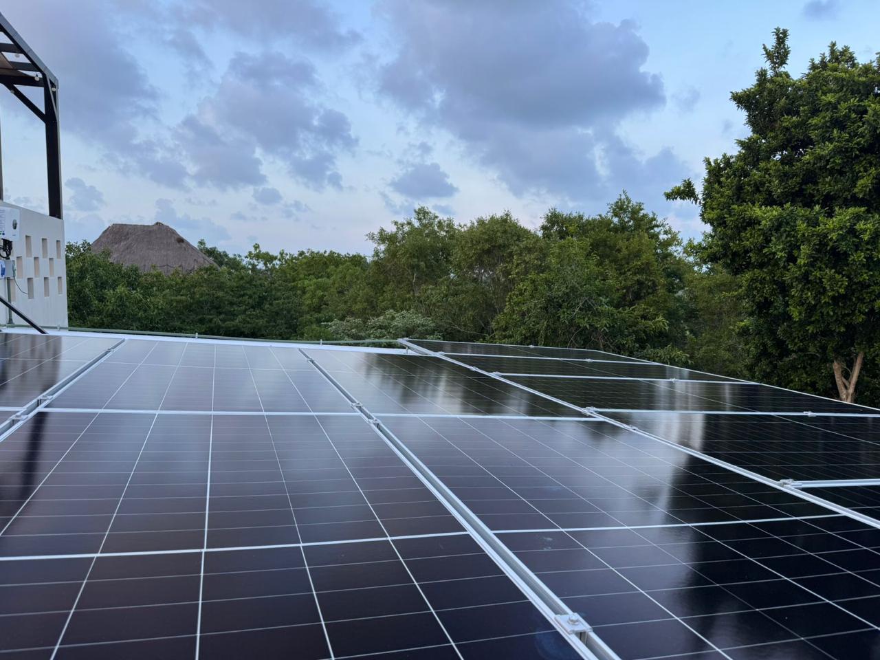 Solar panels on a Tulum villa rooftop with a palapa and jungle behind