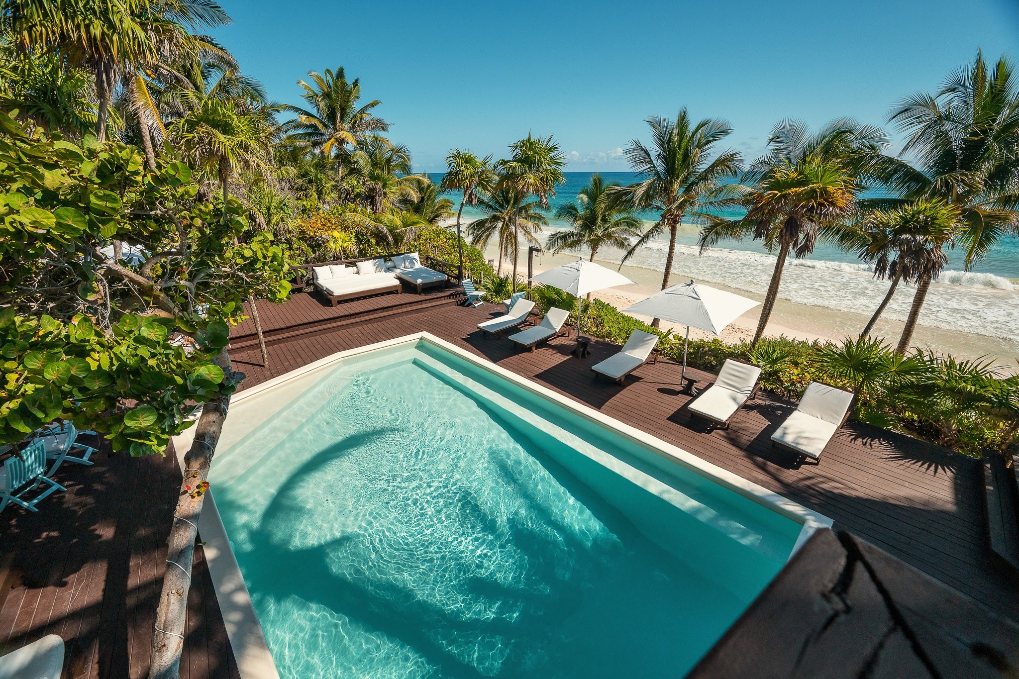 Casa Chic, the pool on the beach terrace looking out to the Caribbean in the Tulum hotel zone