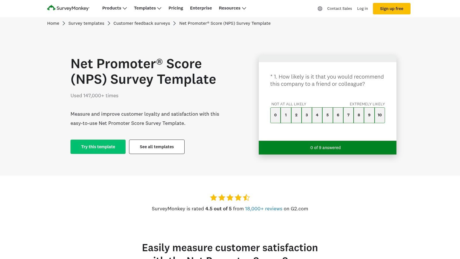 SurveyMonkey NPS template interface