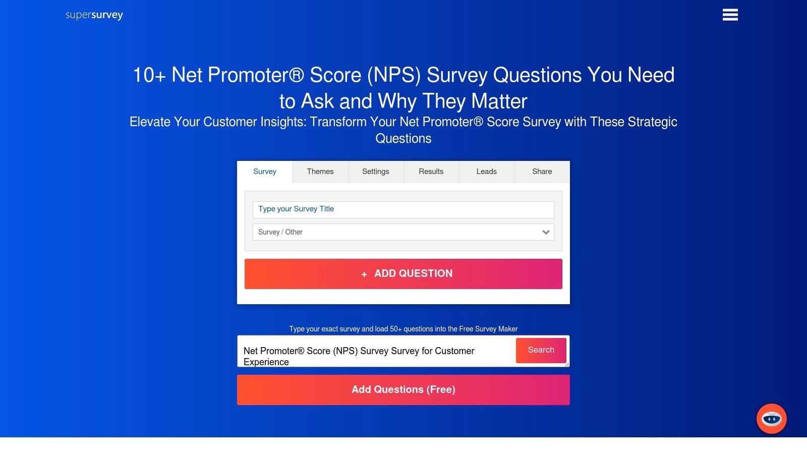 SuperSurvey NPS template interface