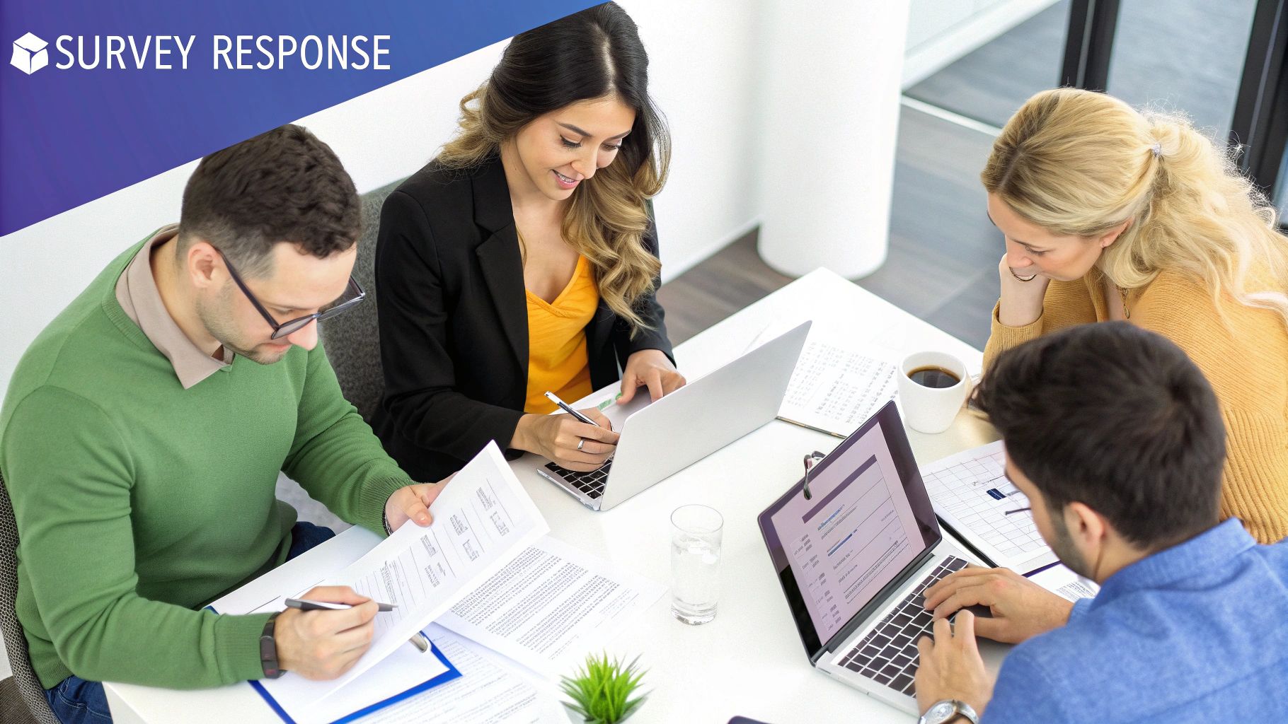 A person analyzing survey response rate data on a tablet.