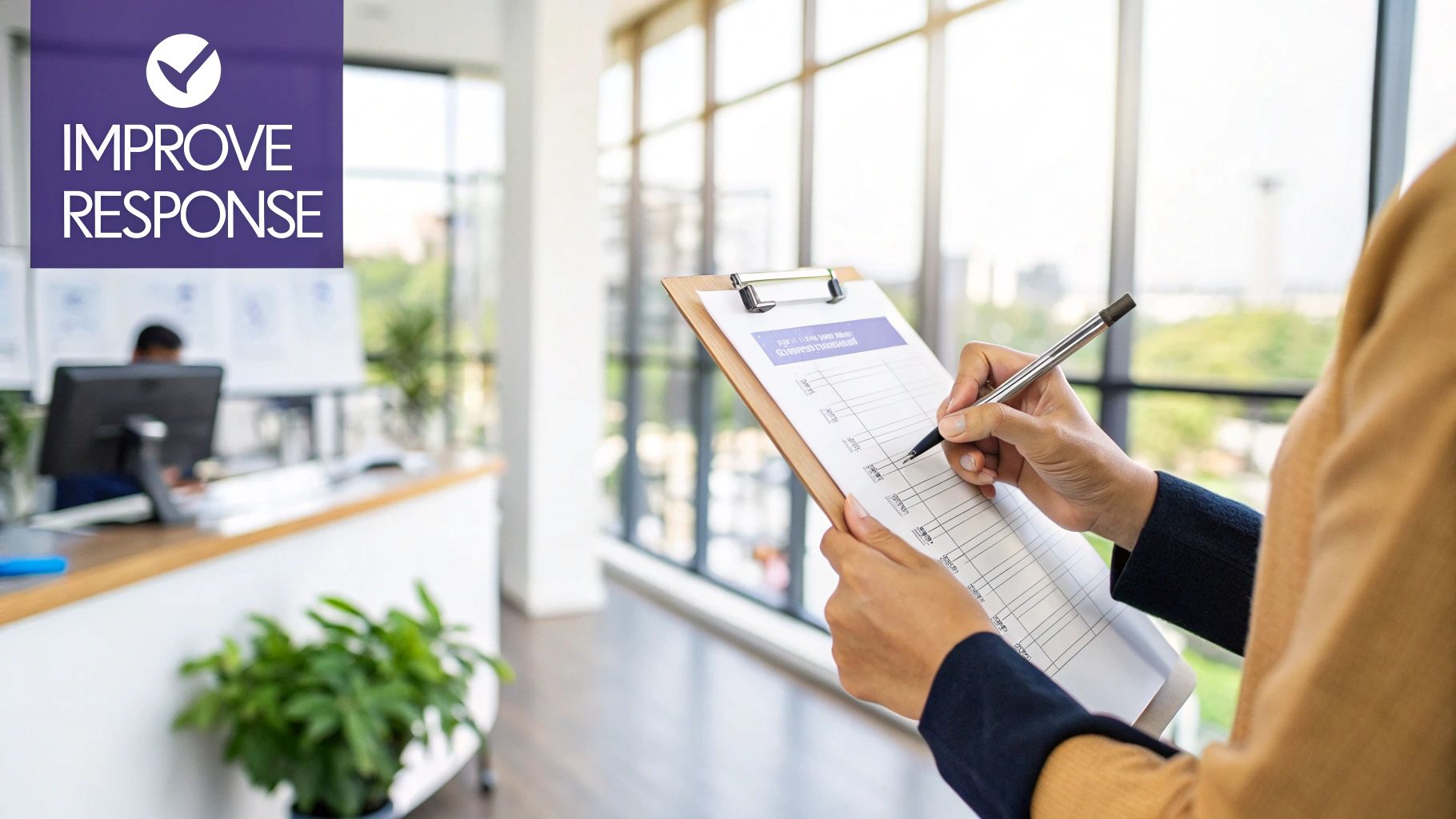 People looking at survey results on different devices like phones and tablets.