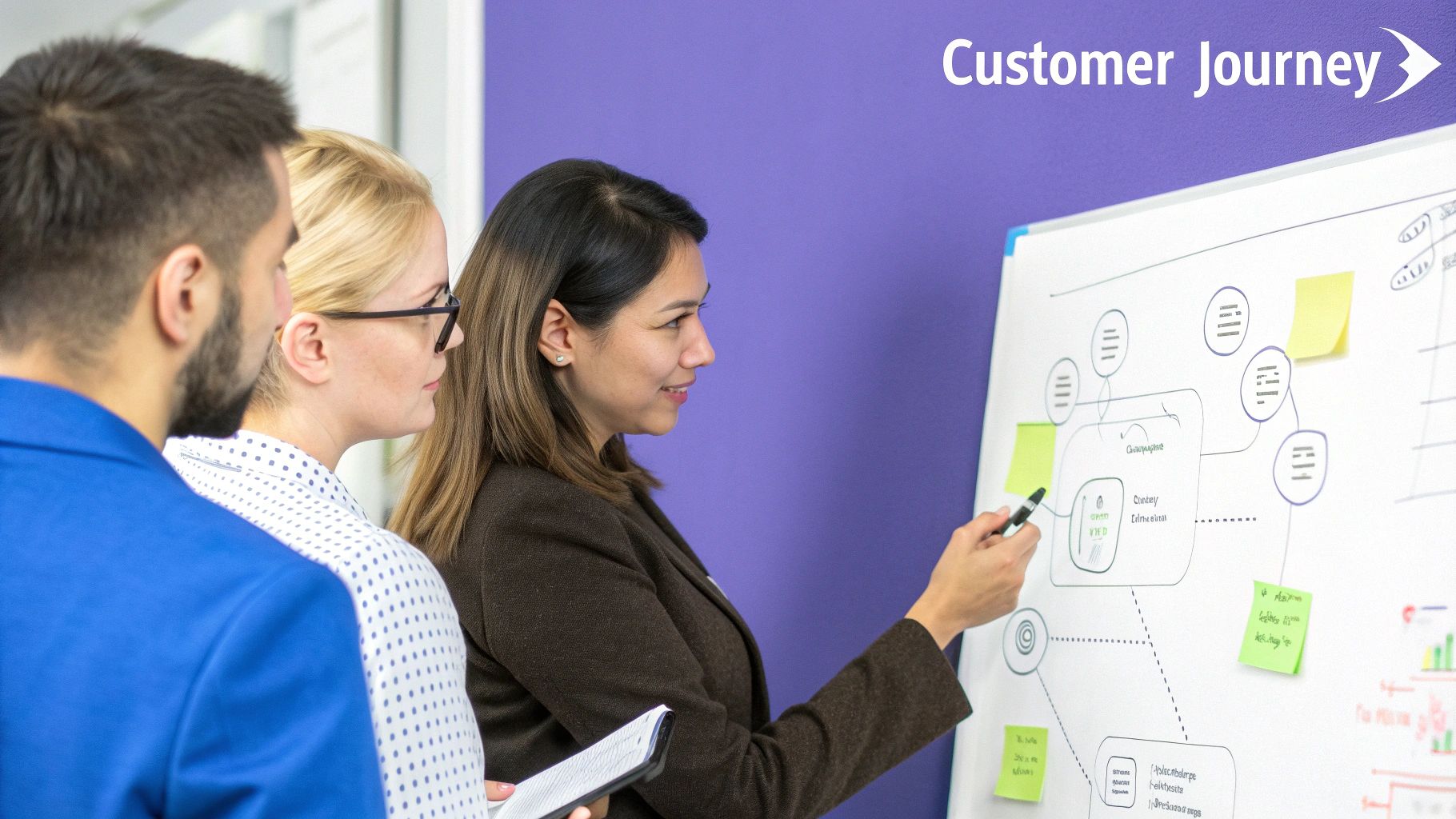 A team collaborating on a customer experience strategy using sticky notes on a glass wall.