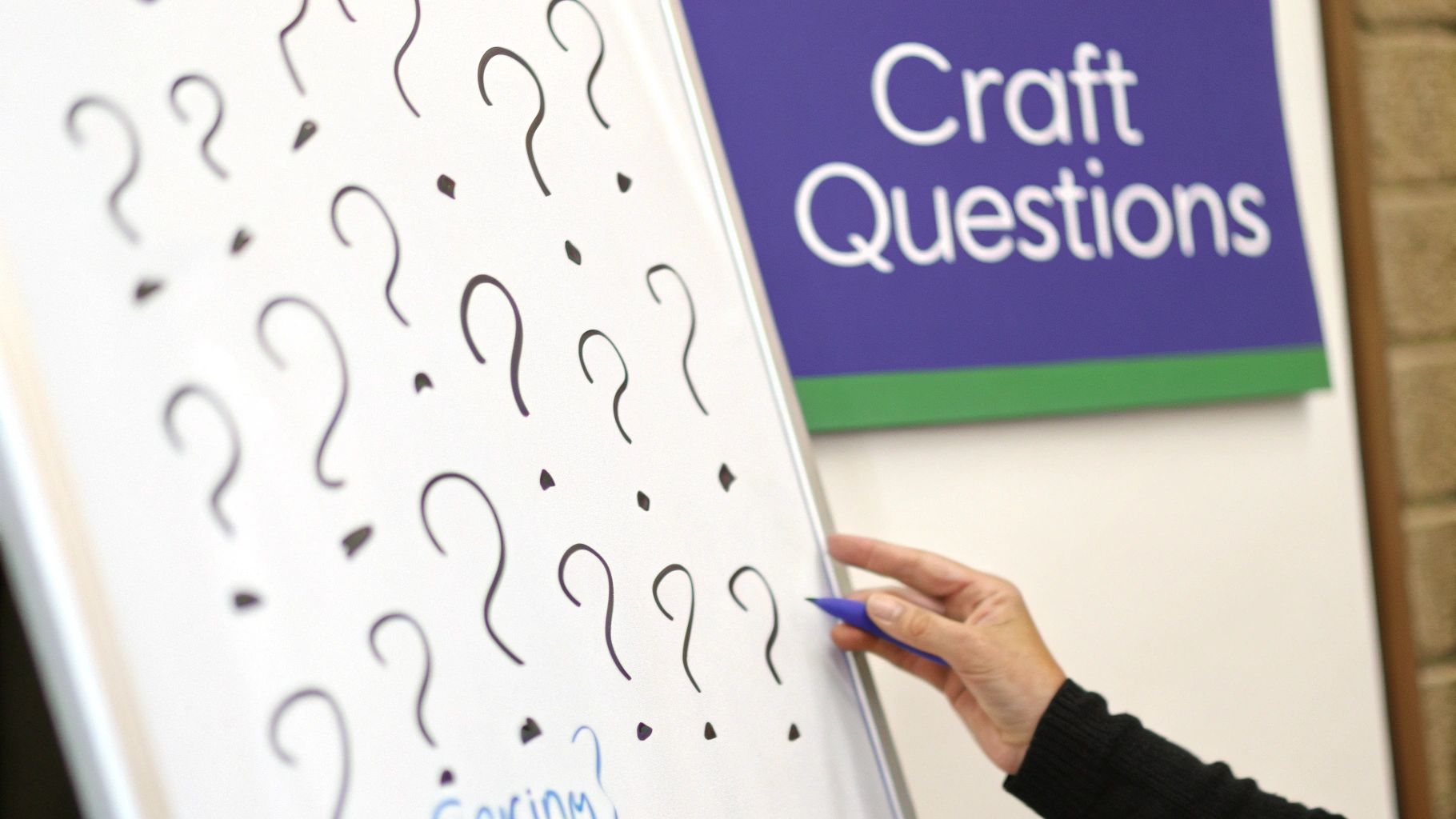 A person at a desk writing questions on a piece of paper, surrounded by sticky notes and a laptop.