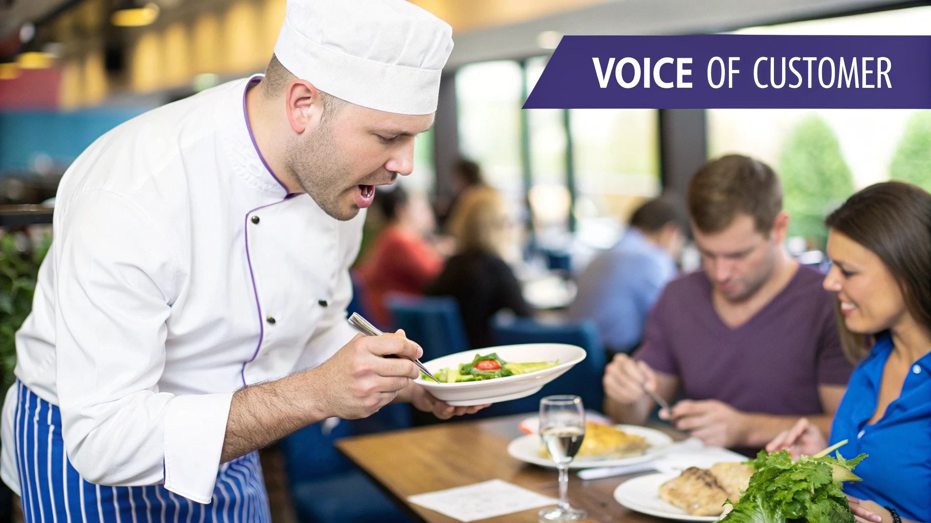 A group of people collaborating around a table with sticky notes, representing the analysis of customer feedback.