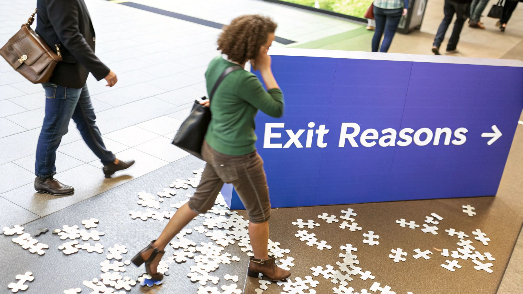 An illustration of a person looking at a broken link on a computer screen, symbolizing customer frustration and churn.