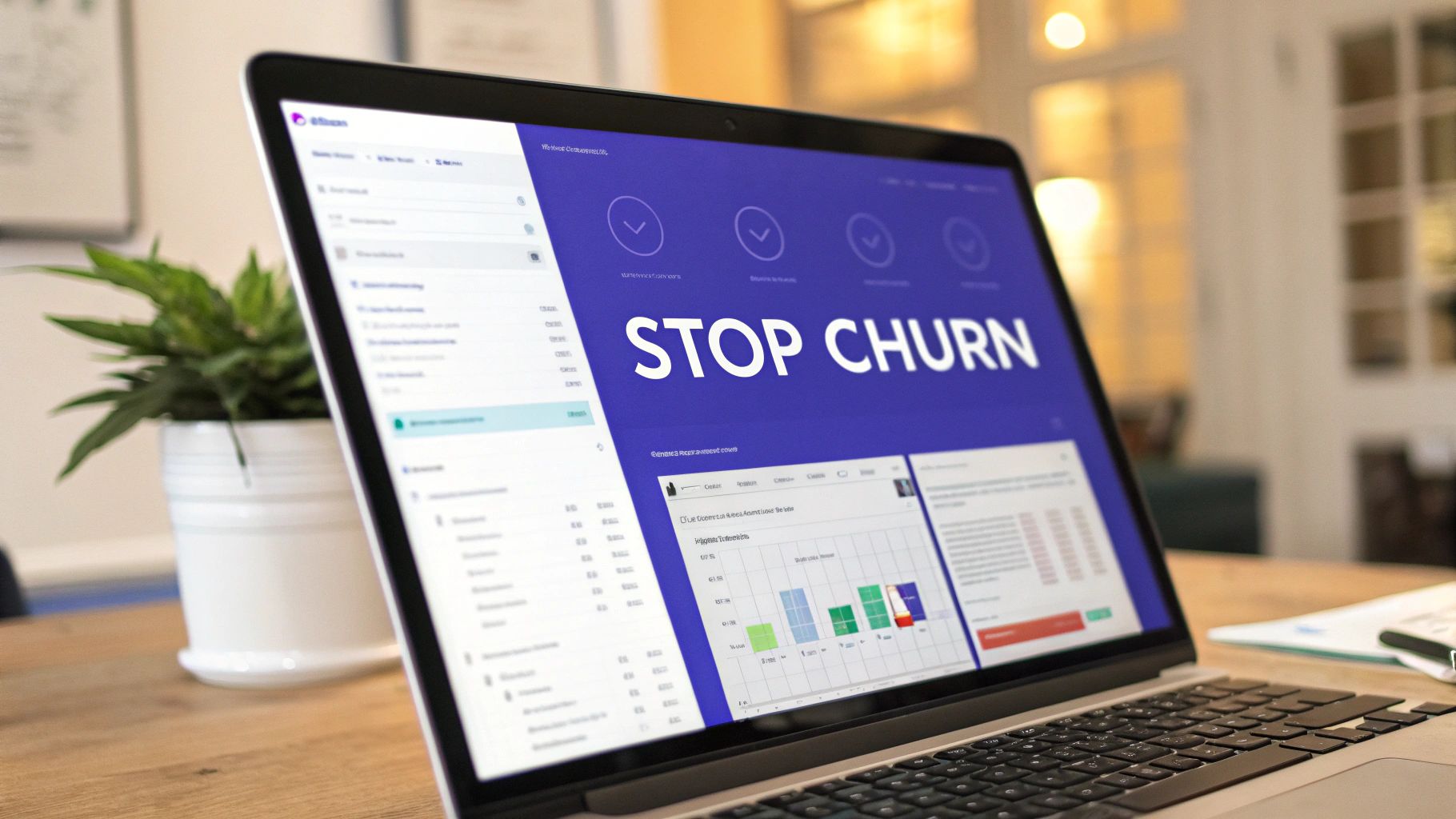 Illustration of a magnifying glass over a bar chart showing a downward trend, representing the analysis of churn rate.