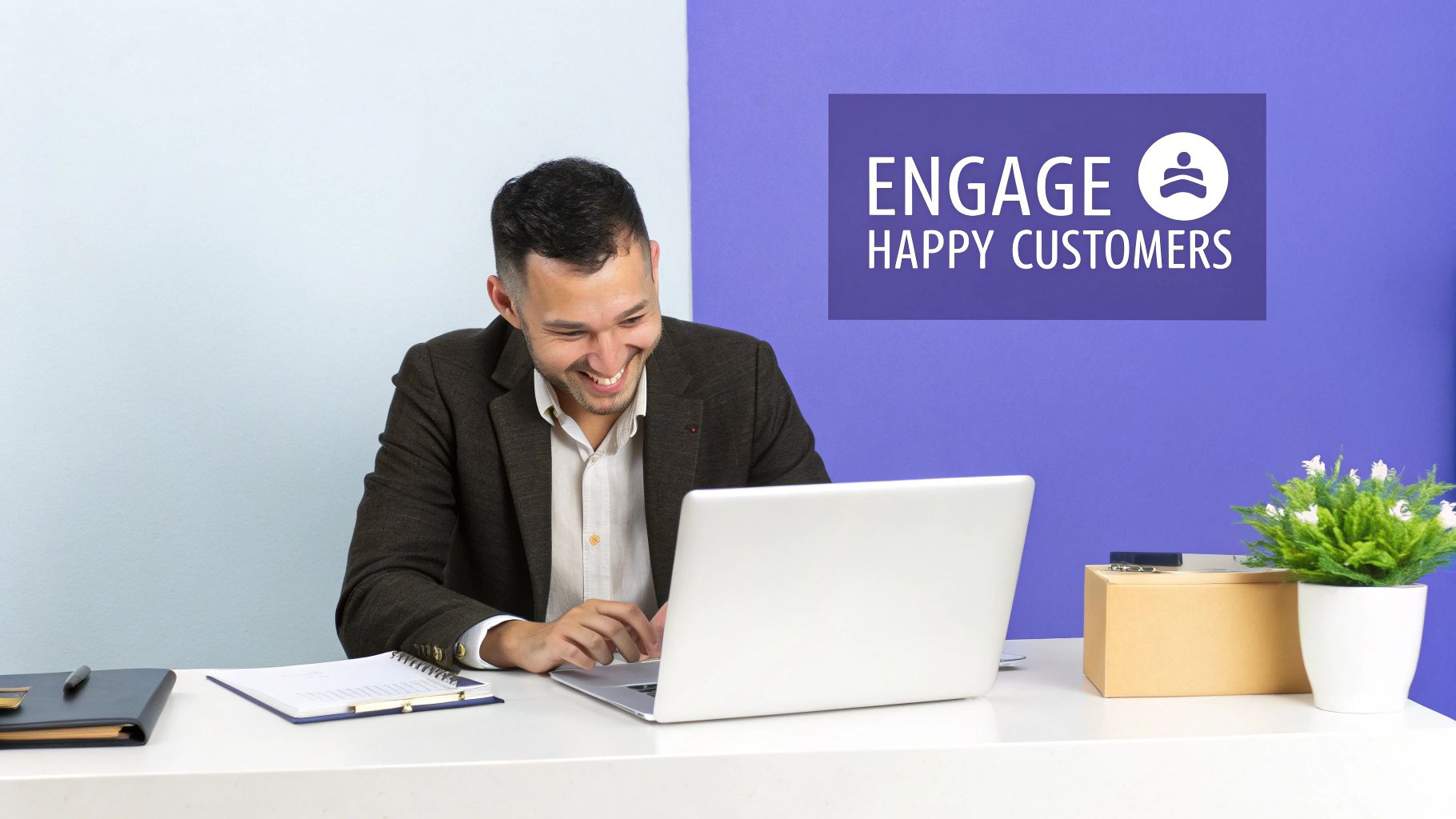 A person smiling while typing aresponse to a positive review on a laptop.