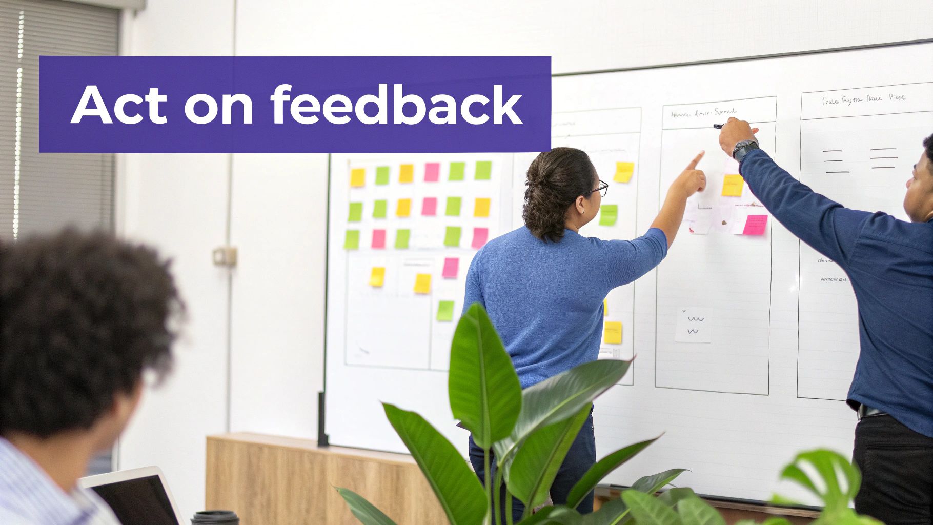 A team analyzing charts and graphs representing client feedback.