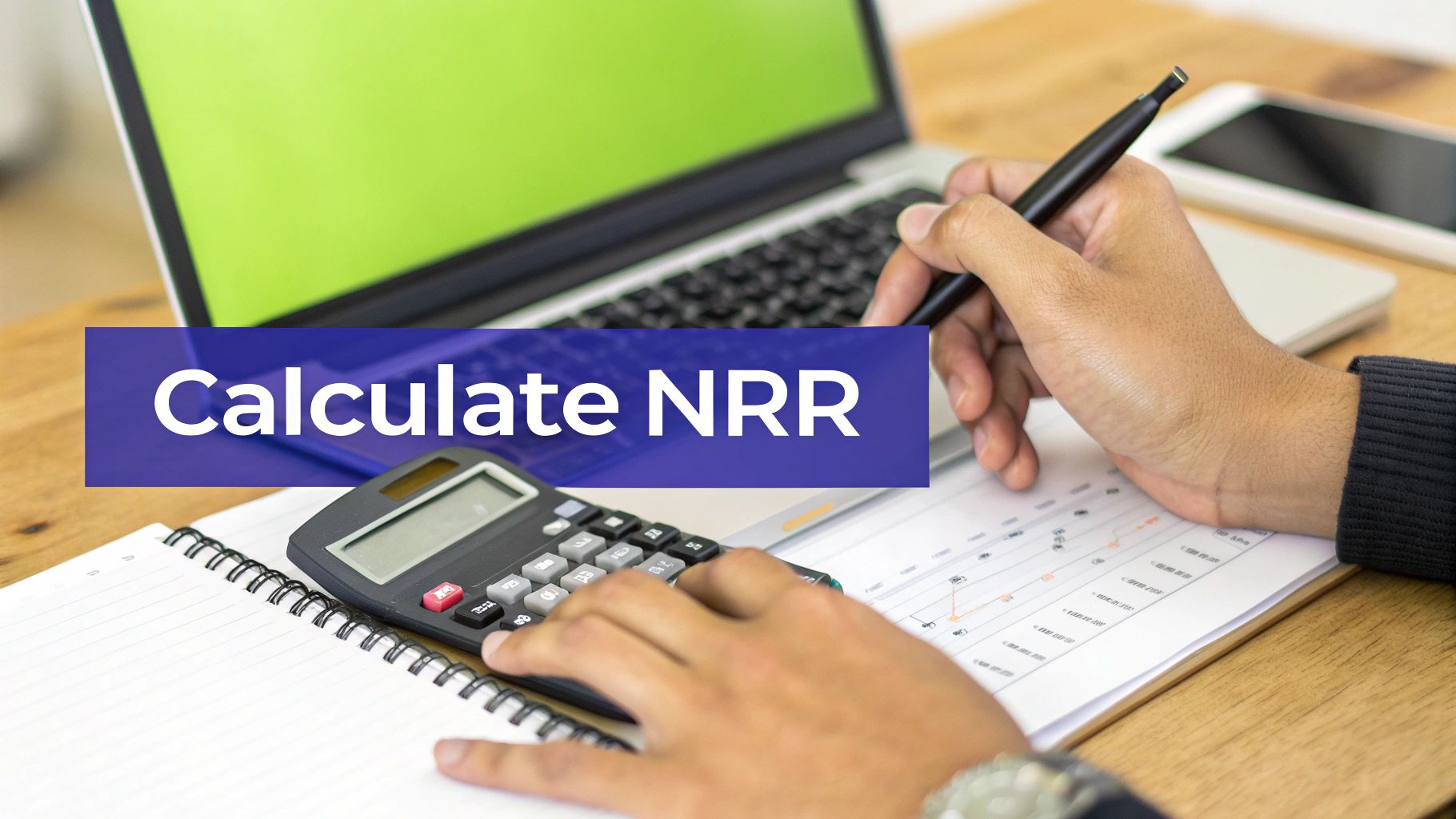 A person working on a laptop with a chart showing an upward trend, representing the calculation of net retention rate