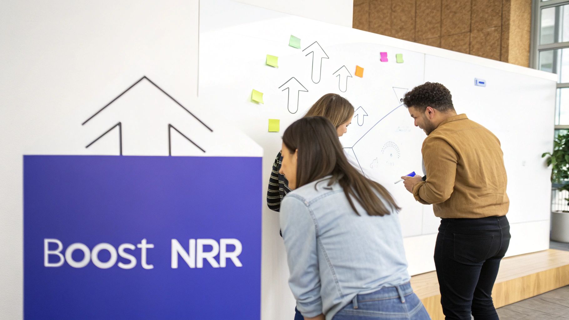 A group of professionals collaborating on a strategic plan, representing actionable strategies to improve NRR