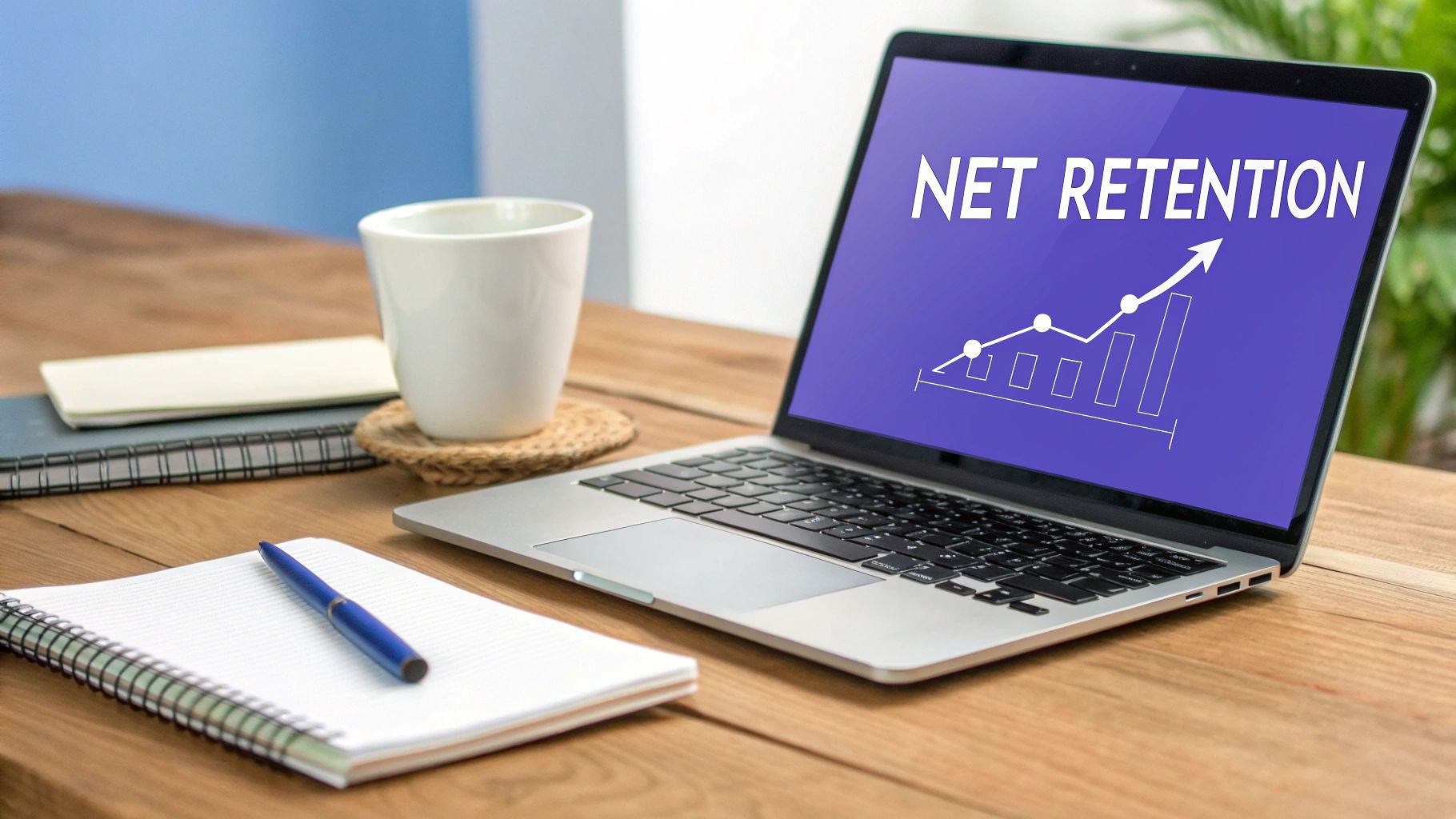 A stylized graphic showing a businessperson analyzing charts and graphs related to net retention rate