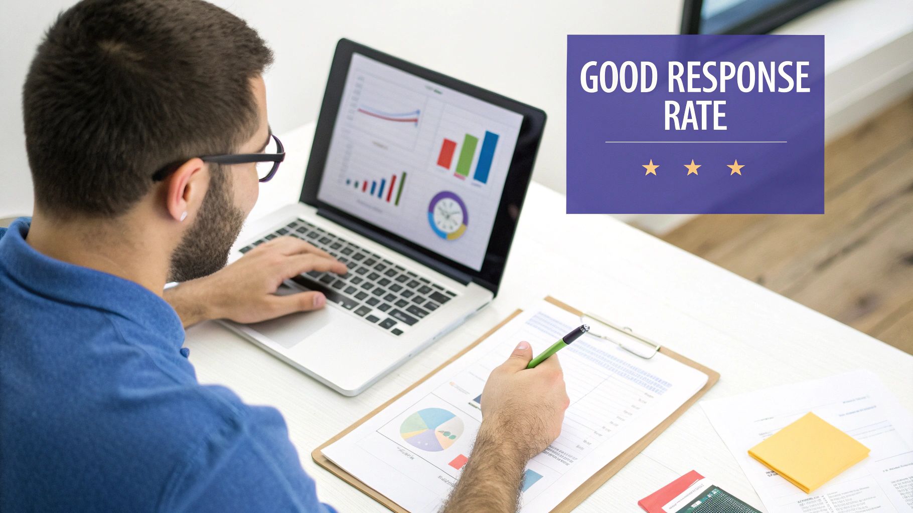A calculator and a survey form on a desk, representing the calculation of response rates.