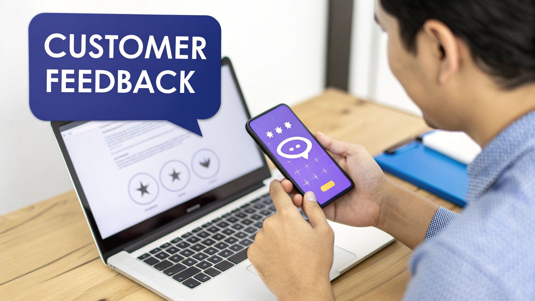 A laptop screen showing colorful charts and graphs analyzing customer feedback data.