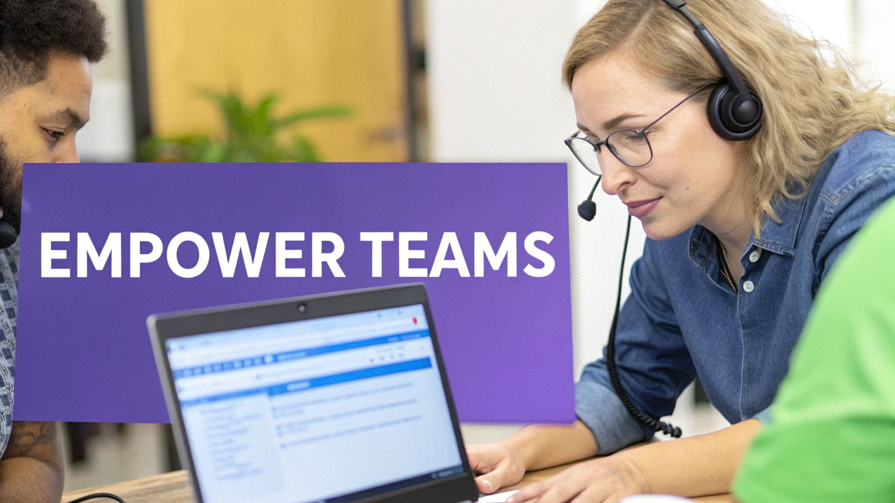 A diverse team of customer service agents collaborating in a modern, bright office space.