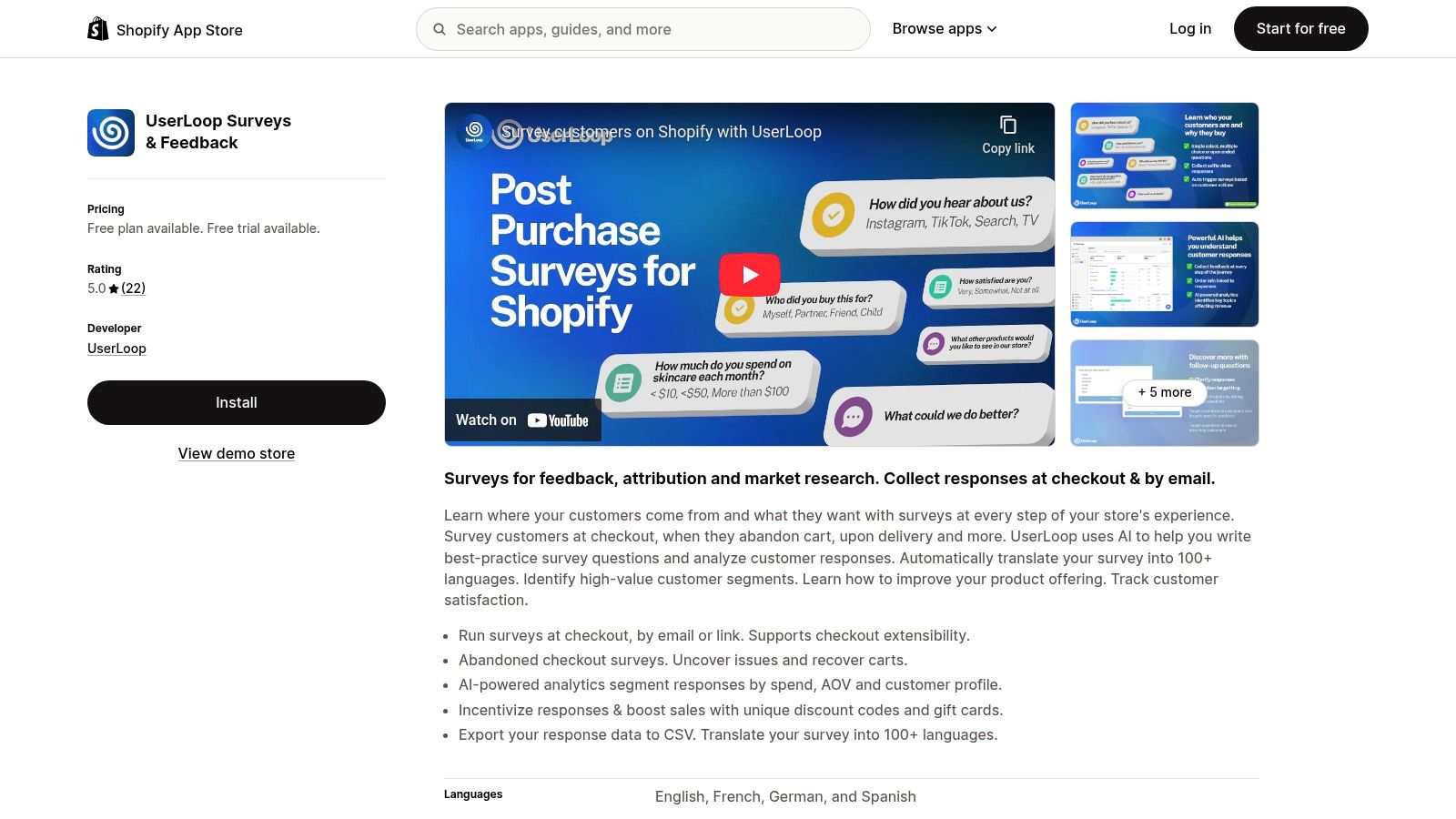 UserLoop Surveys & Feedback dashboard showing survey creation and analytics.