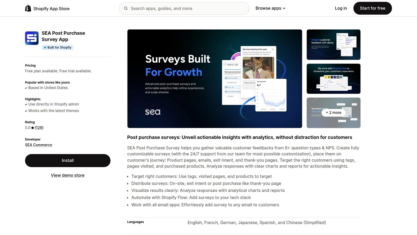 SEA Post Purchase Survey App dashboard showing survey analytics.