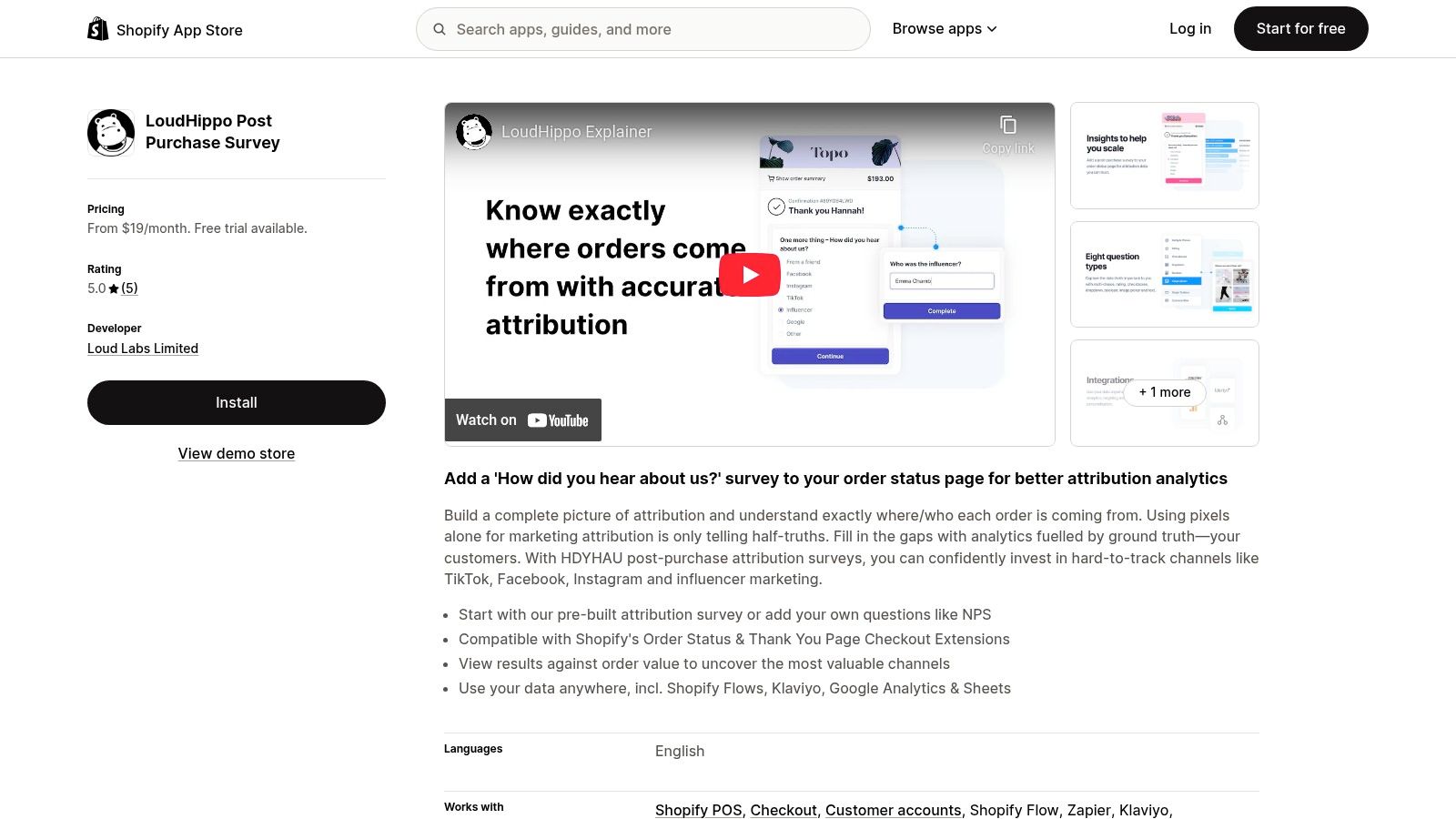 LoudHippo Post Purchase Survey dashboard showing attribution data.