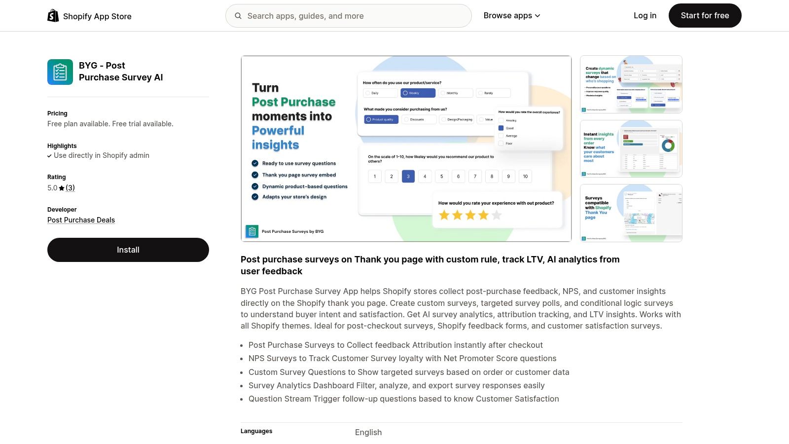 BYG — Post Purchase Survey AI dashboard showing survey creation options.