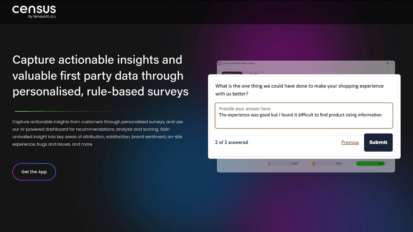 Census: Customer Surveys dashboard showing survey response analysis and sentiment.
