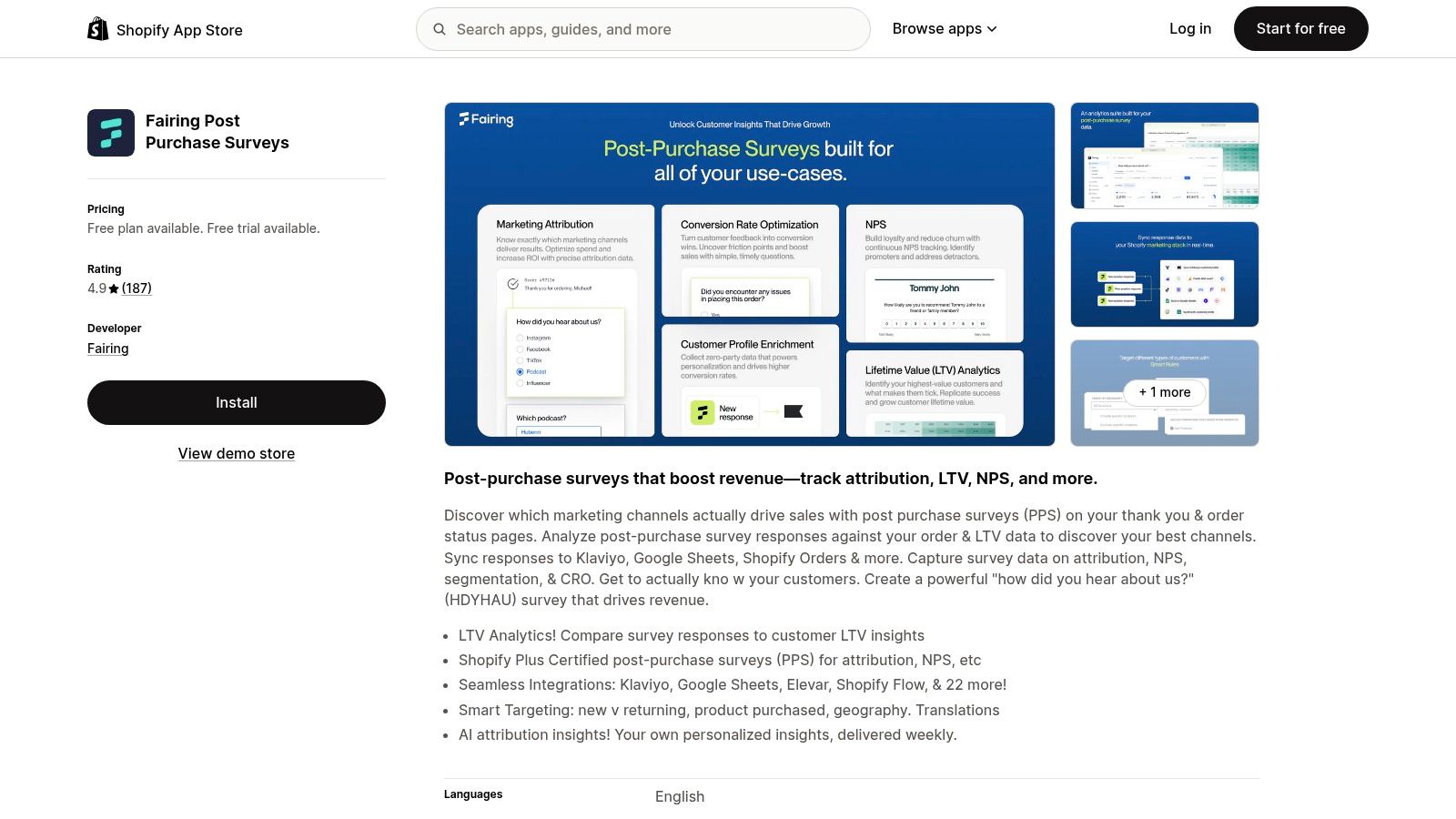 Fairing dashboard showing survey response data and revenue attribution.