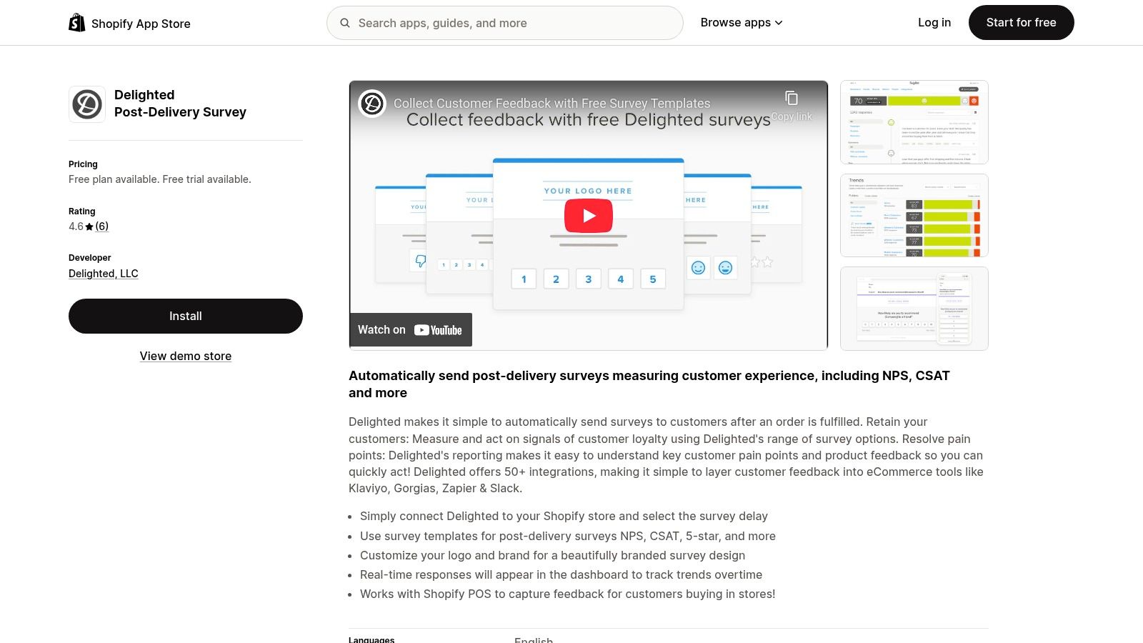 Delighted Post-Delivery Survey dashboard showing NPS and CSAT scores.