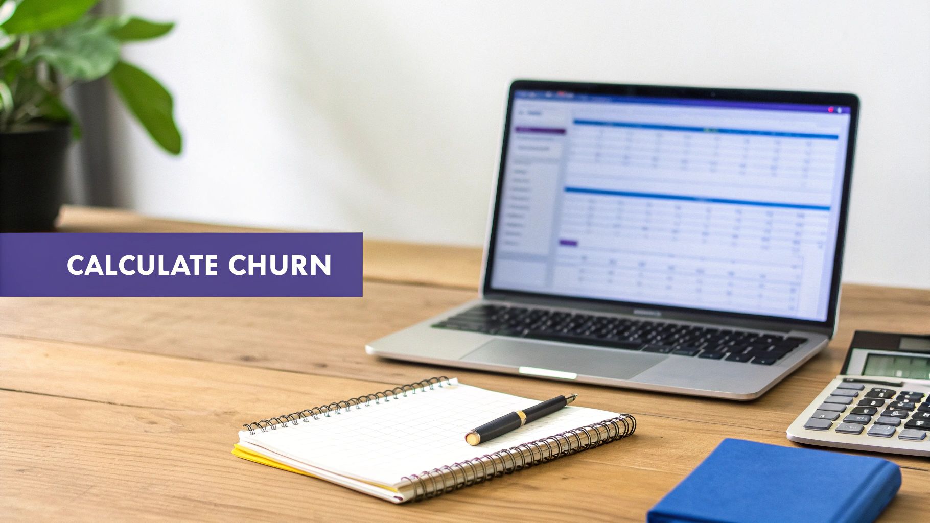 Illustration of a calculator and charts showing mistakes in churn rate calculations.