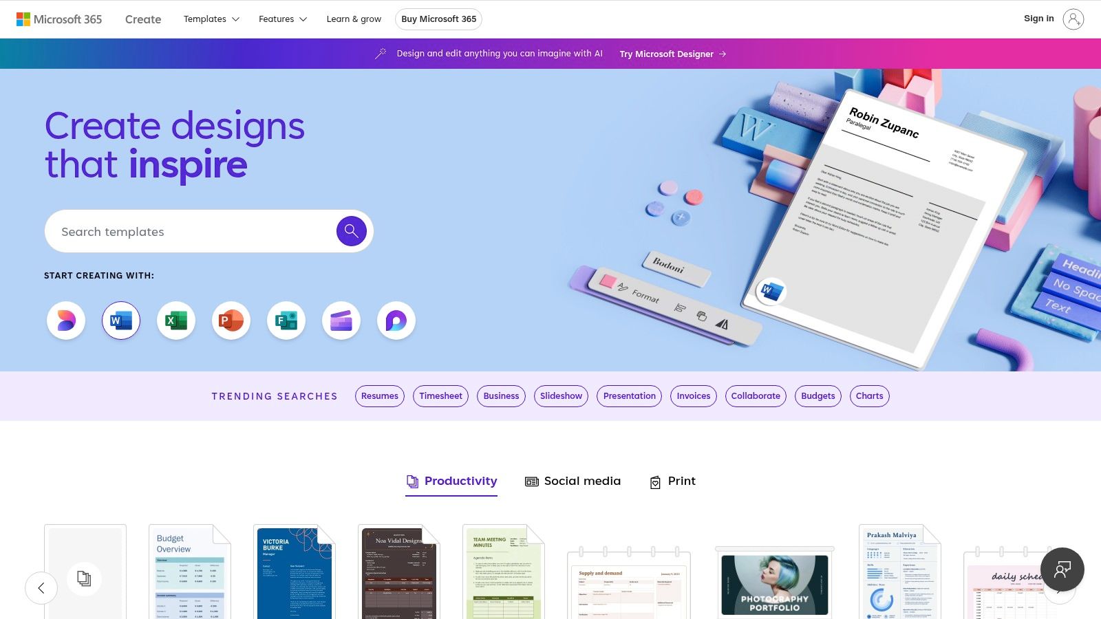 A screenshot of the Microsoft Create website showing various templates for Word, Excel, and PowerPoint, including options for presentations and documents.