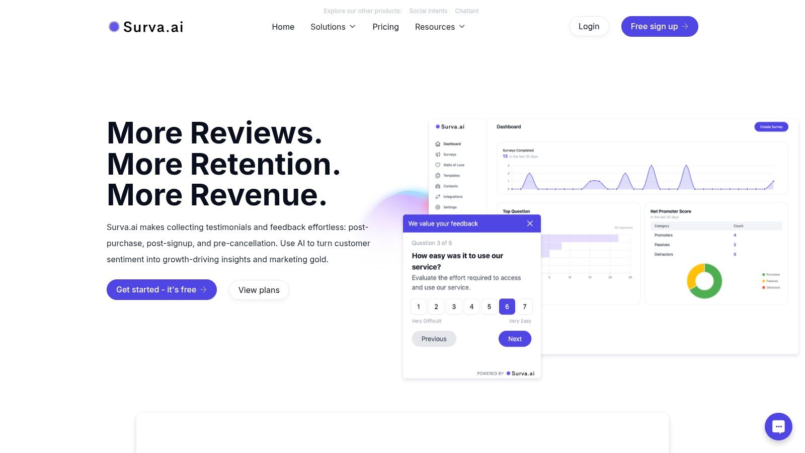 Surva.ai homepage displaying its features for SaaS teams, including AI surveys, cancellation flows, and a Wall of Love.