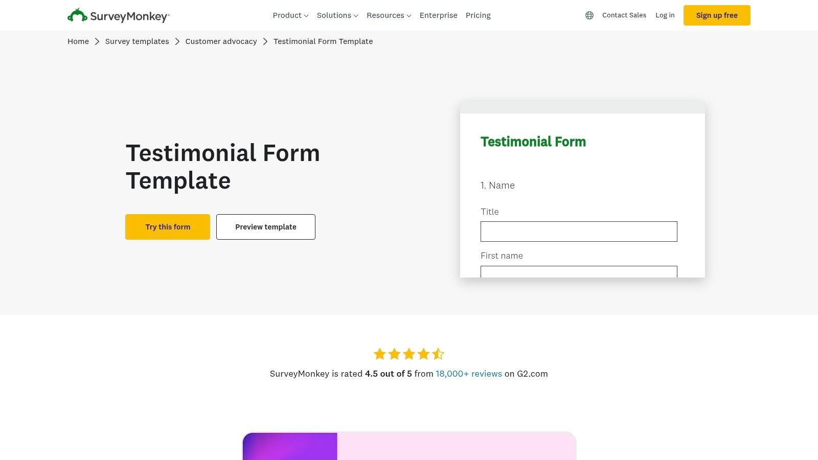 A screenshot of the SurveyMonkey interface showing the testimonial form template with questions and a submit button.
