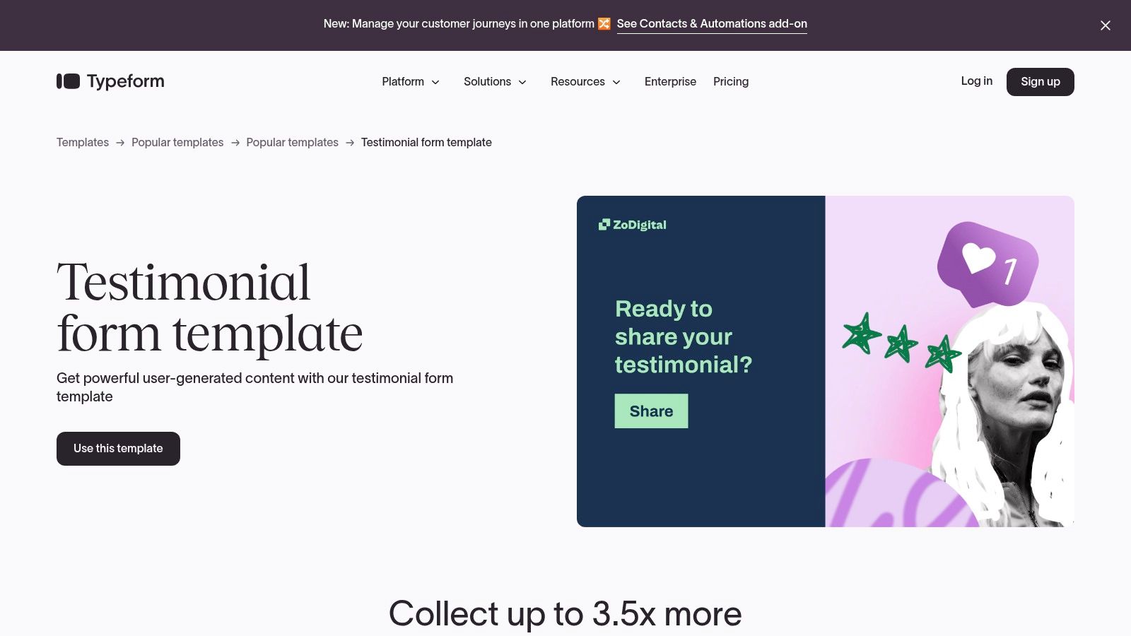 A screenshot of the Typeform interface showing its conversational form builder, highlighting a testimonial question.