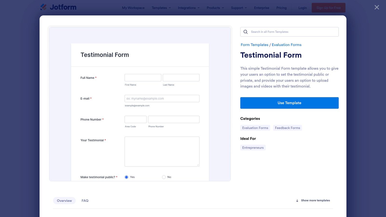 A screenshot of the Jotform interface displaying a testimonial form template with fields for name, company, photo, and review.