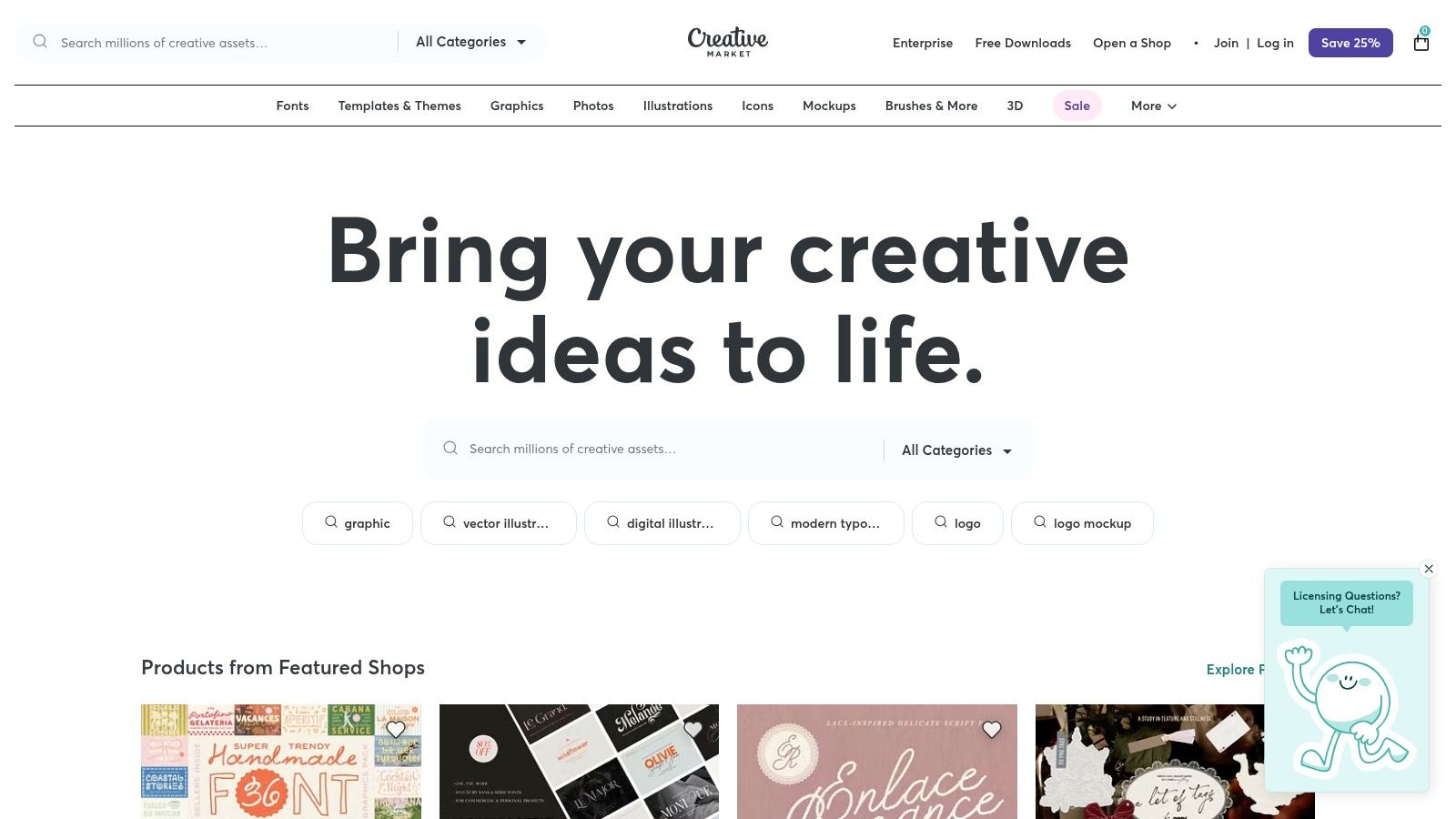 A screenshot of the Creative Market website showcasing a variety of design templates for different purposes.